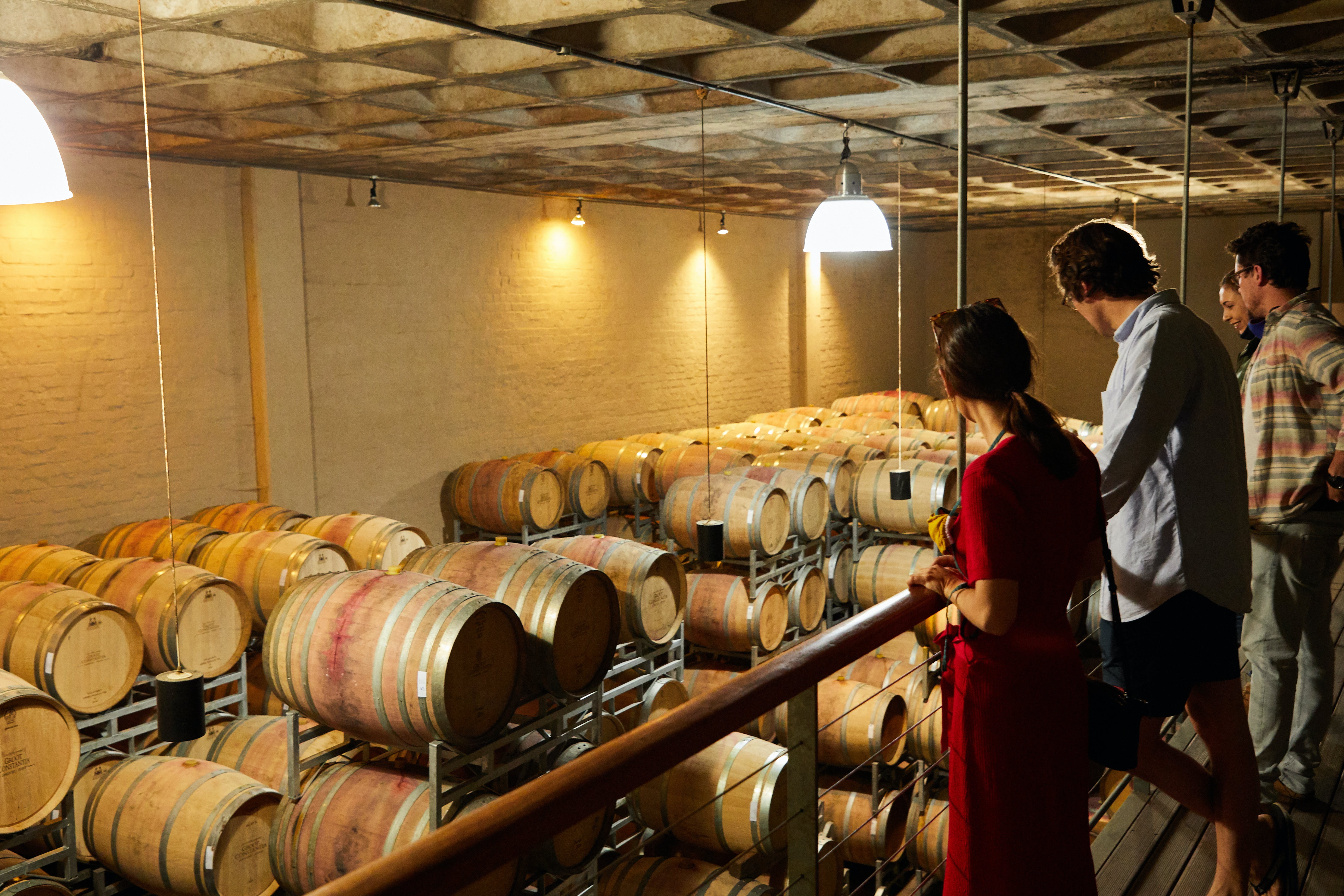 tourists exploring an old wine cellar